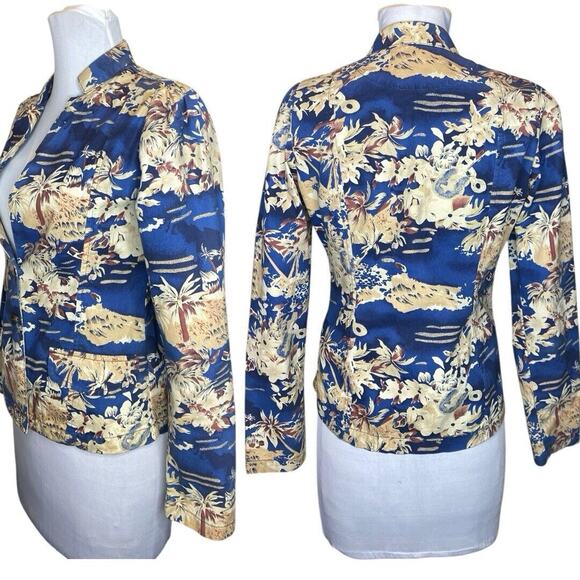 Tropical Cotton Blazer‎ Womens S Blue Lightweight Retro Coastal Resort Vacation - Picture 9 of 10